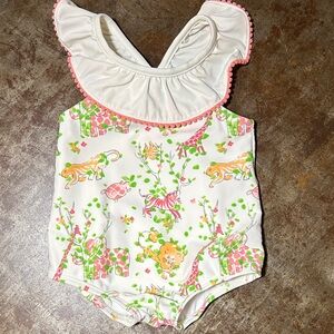 Janie and Jack White Ruffle One-Piece Swimsuit with Pink & Green Safari Print